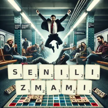 Kreatywna ilustracja do gry w Scrabble ze słowem SENILIZMAMI ułożonym z płytek na planszy.