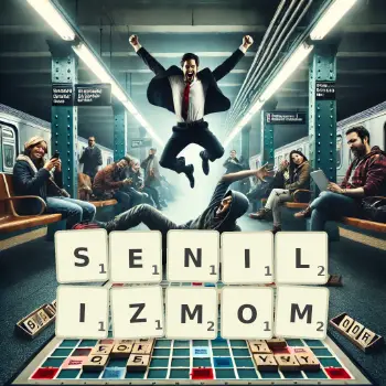 Kreatywna ilustracja do gry w Scrabble ze słowem SENILIZMOM ułożonym z płytek na planszy.