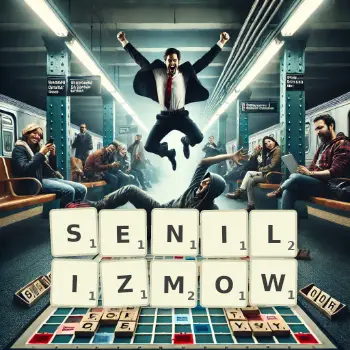 Kreatywna ilustracja do gry w Scrabble ze słowem SENILIZMOW ułożonym z płytek na planszy.