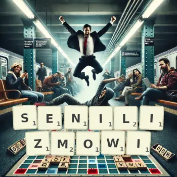 Kreatywna ilustracja do gry w Scrabble ze słowem SENILIZMOWI ułożonym z płytek na planszy.