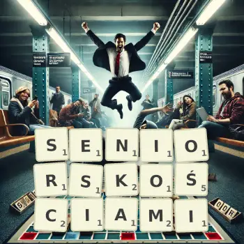 Kreatywna ilustracja do gry w Scrabble ze słowem SENIORSKOŚCIAMI ułożonym z płytek na planszy.