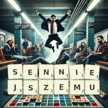 Kreatywna ilustracja do gry w Scrabble ze słowem SENNIEJSZEMU ułożonym z płytek na planszy.