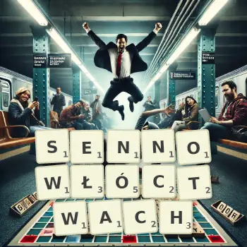 Kreatywna ilustracja do gry w Scrabble ze słowem SENNOWŁÓCTWACH ułożonym z płytek na planszy.