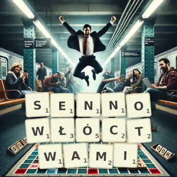 Kreatywna ilustracja do gry w Scrabble ze słowem SENNOWŁÓCTWAMI ułożonym z płytek na planszy.