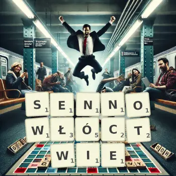 Kreatywna ilustracja do gry w Scrabble ze słowem SENNOWŁÓCTWIE ułożonym z płytek na planszy.