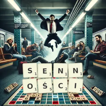 Kreatywna ilustracja do gry w Scrabble ze słowem SENNOŚCI ułożonym z płytek na planszy.