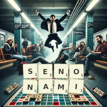 Kreatywna ilustracja do gry w Scrabble ze słowem SENONAMI ułożonym z płytek na planszy.