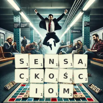 Kreatywna ilustracja do gry w Scrabble ze słowem SENSACKOŚCIOM ułożonym z płytek na planszy.