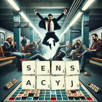 Kreatywna ilustracja do gry w Scrabble ze słowem SENSACYJ ułożonym z płytek na planszy.