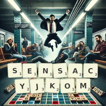 Kreatywna ilustracja do gry w Scrabble ze słowem SENSACYJKOM ułożonym z płytek na planszy.