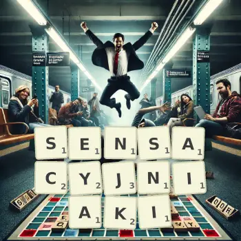 Kreatywna ilustracja do gry w Scrabble ze słowem SENSACYJNIAKI ułożonym z płytek na planszy.