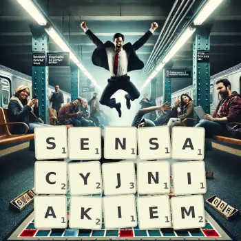 Kreatywna ilustracja do gry w Scrabble ze słowem SENSACYJNIAKIEM ułożonym z płytek na planszy.