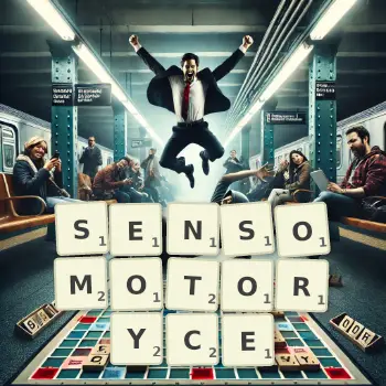 Kreatywna ilustracja do gry w Scrabble ze słowem SENSOMOTORYCE ułożonym z płytek na planszy.