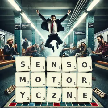 Kreatywna ilustracja do gry w Scrabble ze słowem SENSOMOTORYCZNE ułożonym z płytek na planszy.