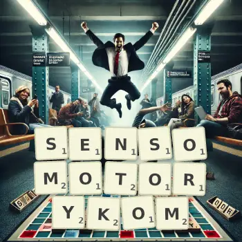 Kreatywna ilustracja do gry w Scrabble ze słowem SENSOMOTORYKOM ułożonym z płytek na planszy.