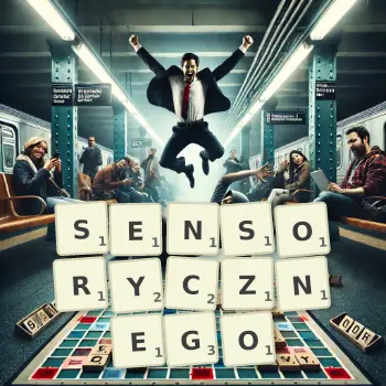 Kreatywna ilustracja do gry w Scrabble ze słowem SENSORYCZNEGO ułożonym z płytek na planszy.