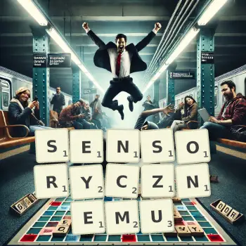 Kreatywna ilustracja do gry w Scrabble ze słowem SENSORYCZNEMU ułożonym z płytek na planszy.