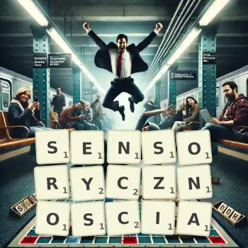 Kreatywna ilustracja do gry w Scrabble ze słowem SENSORYCZNOSCIA ułożonym z płytek na planszy.