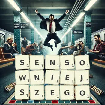 Kreatywna ilustracja do gry w Scrabble ze słowem SENSOWNIEJSZEGO ułożonym z płytek na planszy.