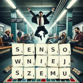 Kreatywna ilustracja do gry w Scrabble ze słowem SENSOWNIEJSZEMU ułożonym z płytek na planszy.