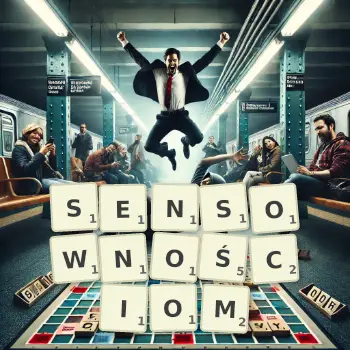 Kreatywna ilustracja do gry w Scrabble ze słowem SENSOWNOŚCIOM ułożonym z płytek na planszy.