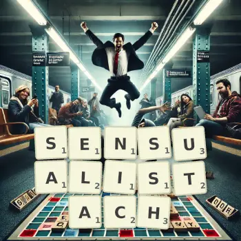 Kreatywna ilustracja do gry w Scrabble ze słowem SENSUALISTACH ułożonym z płytek na planszy.