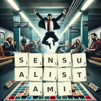 Kreatywna ilustracja do gry w Scrabble ze słowem SENSUALISTAMI ułożonym z płytek na planszy.