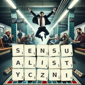 Kreatywna ilustracja do gry w Scrabble ze słowem SENSUALISTYCZNI ułożonym z płytek na planszy.