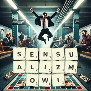 Kreatywna ilustracja do gry w Scrabble ze słowem SENSUALIZMOWI ułożonym z płytek na planszy.