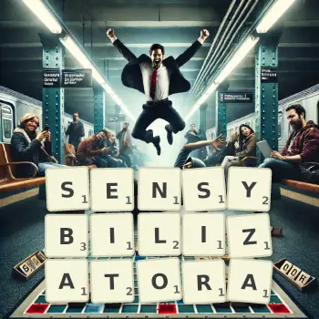 Kreatywna ilustracja do gry w Scrabble ze słowem SENSYBILIZATORA ułożonym z płytek na planszy.