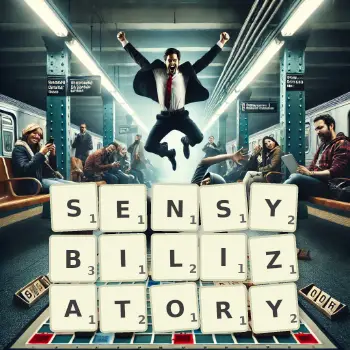 Kreatywna ilustracja do gry w Scrabble ze słowem SENSYBILIZATORY ułożonym z płytek na planszy.