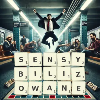 Kreatywna ilustracja do gry w Scrabble ze słowem SENSYBILIZOWANE ułożonym z płytek na planszy.