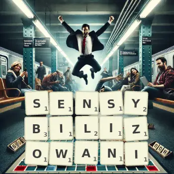 Kreatywna ilustracja do gry w Scrabble ze słowem SENSYBILIZOWANI ułożonym z płytek na planszy.