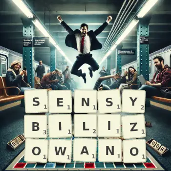 Kreatywna ilustracja do gry w Scrabble ze słowem SENSYBILIZOWANO ułożonym z płytek na planszy.