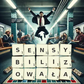 Kreatywna ilustracja do gry w Scrabble ze słowem SENSYBILIZOWAŁA ułożonym z płytek na planszy.