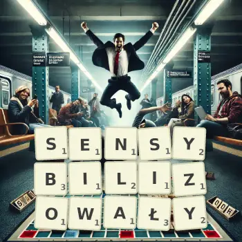 Kreatywna ilustracja do gry w Scrabble ze słowem SENSYBILIZOWAŁY ułożonym z płytek na planszy.