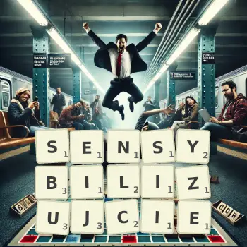 Kreatywna ilustracja do gry w Scrabble ze słowem SENSYBILIZUJCIE ułożonym z płytek na planszy.