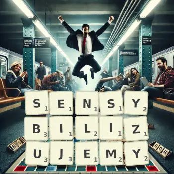 Kreatywna ilustracja do gry w Scrabble ze słowem SENSYBILIZUJEMY ułożonym z płytek na planszy.