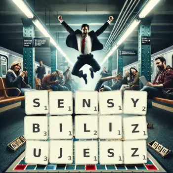 Kreatywna ilustracja do gry w Scrabble ze słowem SENSYBILIZUJESZ ułożonym z płytek na planszy.