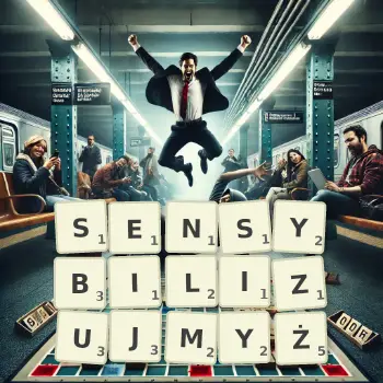 Kreatywna ilustracja do gry w Scrabble ze słowem SENSYBILIZUJMYŻ ułożonym z płytek na planszy.