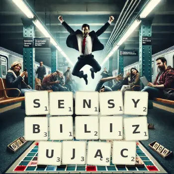 Kreatywna ilustracja do gry w Scrabble ze słowem SENSYBILIZUJĄC ułożonym z płytek na planszy.