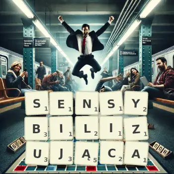Kreatywna ilustracja do gry w Scrabble ze słowem SENSYBILIZUJĄCA ułożonym z płytek na planszy.