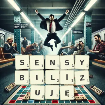 Kreatywna ilustracja do gry w Scrabble ze słowem SENSYBILIZUJĘ ułożonym z płytek na planszy.