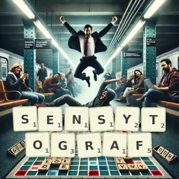 Kreatywna ilustracja do gry w Scrabble ze słowem SENSYTOGRAF ułożonym z płytek na planszy.