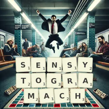 Kreatywna ilustracja do gry w Scrabble ze słowem SENSYTOGRAMACH ułożonym z płytek na planszy.