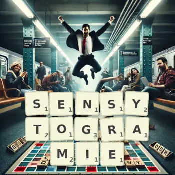 Kreatywna ilustracja do gry w Scrabble ze słowem SENSYTOGRAMIE ułożonym z płytek na planszy.