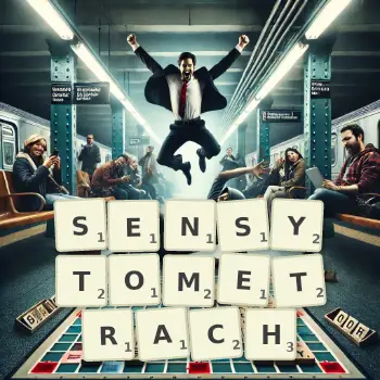 Kreatywna ilustracja do gry w Scrabble ze słowem SENSYTOMETRACH ułożonym z płytek na planszy.