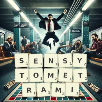 Kreatywna ilustracja do gry w Scrabble ze słowem SENSYTOMETRAMI ułożonym z płytek na planszy.