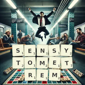 Kreatywna ilustracja do gry w Scrabble ze słowem SENSYTOMETREM ułożonym z płytek na planszy.