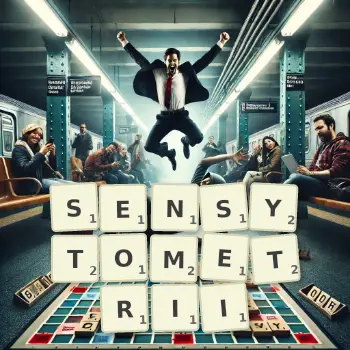 Kreatywna ilustracja do gry w Scrabble ze słowem SENSYTOMETRII ułożonym z płytek na planszy.